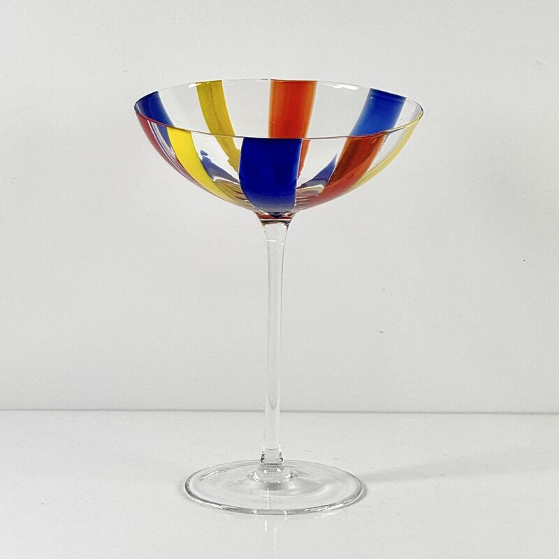 Jakość Hand Blown Art Glass Goblet & Coupe Glass Set, Vibrant Red Yellow Blue Vertical Cane Stripes Murano Style Stemmed Wine & Martini Glasses for Bar, Party & Gift fabryka