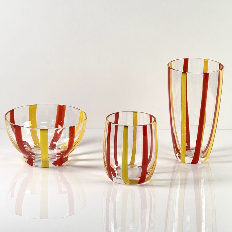 Jakość Hand Blown Colored Cane Striped Glass Tumbler & Bowl Set, Murano Style Red Yellow Vertical Stripe Drinking Cups and Snack Bowl, Lead-Free Art Glass for Water, Juice, Table Decor fabryka