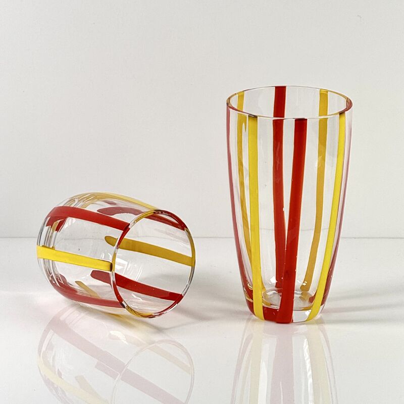 Jakość Hand Blown Colored Cane Striped Glass Tumbler & Bowl Set, Murano Style Red Yellow Vertical Stripe Drinking Cups and Snack Bowl, Lead-Free Art Glass for Water, Juice, Table Decor fabryka