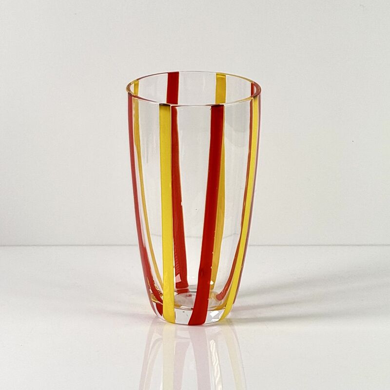 Jakość Hand Blown Colored Cane Striped Glass Tumbler & Bowl Set, Murano Style Red Yellow Vertical Stripe Drinking Cups and Snack Bowl, Lead-Free Art Glass for Water, Juice, Table Decor fabryka