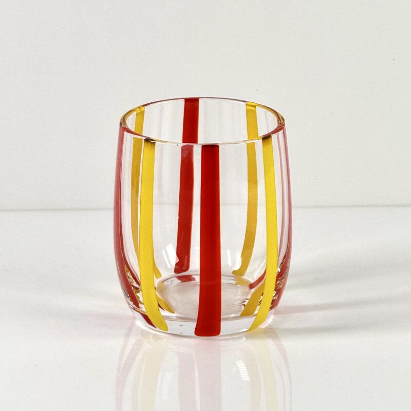 Jakość Hand Blown Colored Cane Striped Glass Tumbler & Bowl Set, Murano Style Red Yellow Vertical Stripe Drinking Cups and Snack Bowl, Lead-Free Art Glass for Water, Juice, Table Decor fabryka