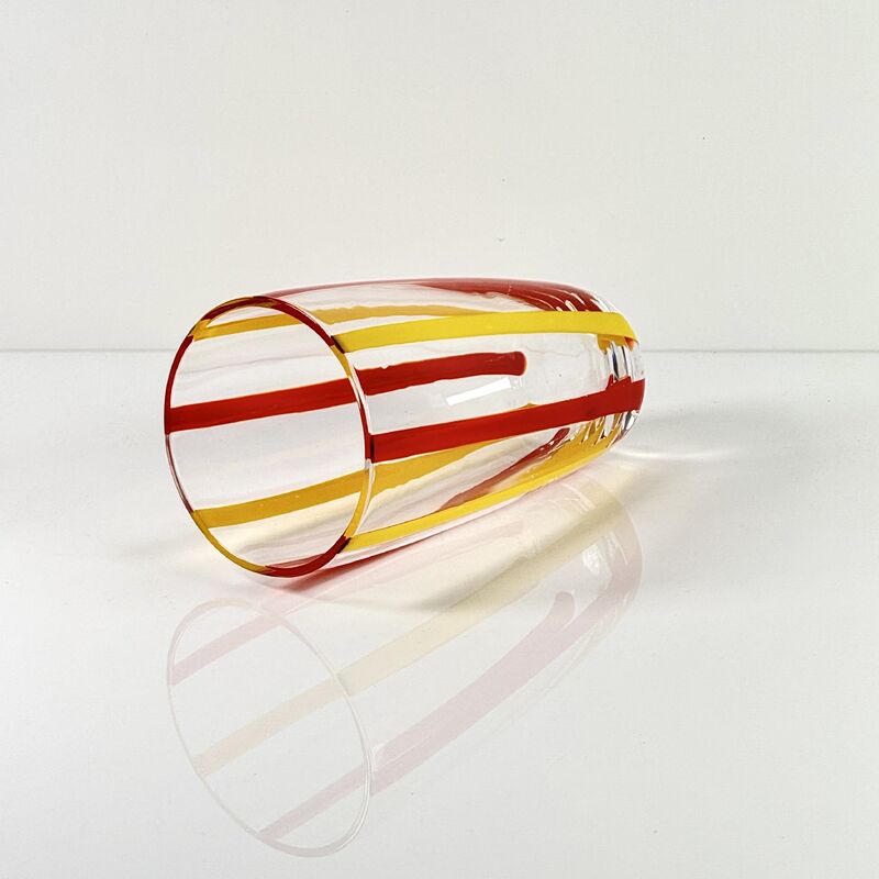 Jakość Hand Blown Colored Cane Striped Glass Tumbler & Bowl Set, Murano Style Red Yellow Vertical Stripe Drinking Cups and Snack Bowl, Lead-Free Art Glass for Water, Juice, Table Decor fabryka