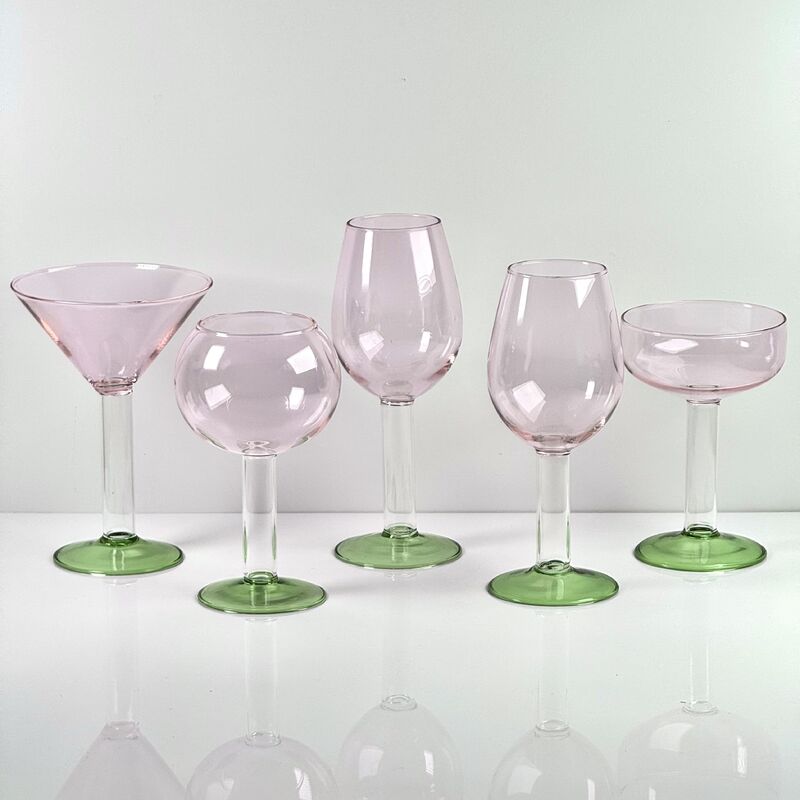Jakość Hand Blown Borosilicate Stemmed Wine & Cocktail Glass Set, Pink Bowl with Green Hollow Stem Base, Colored Spray Tinted Art Goblets for Bar, Wedding & Table Decor fabryka