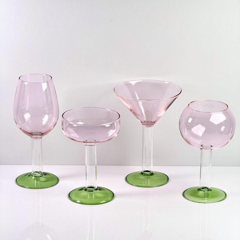 Jakość Hand Blown Borosilicate Stemmed Wine & Cocktail Glass Set, Pink Bowl with Green Hollow Stem Base, Colored Spray Tinted Art Goblets for Bar, Wedding & Table Decor fabryka