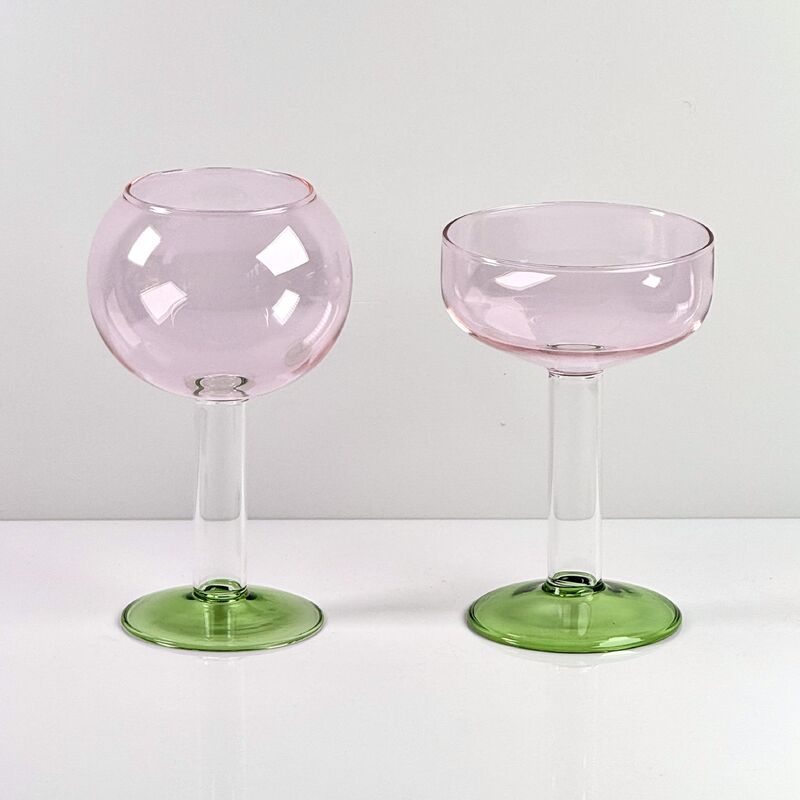 Jakość Hand Blown Borosilicate Stemmed Wine & Cocktail Glass Set, Pink Bowl with Green Hollow Stem Base, Colored Spray Tinted Art Goblets for Bar, Wedding & Table Decor fabryka