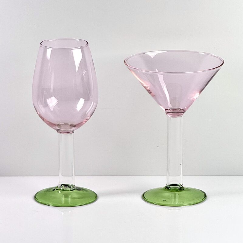 Jakość Hand Blown Borosilicate Stemmed Wine & Cocktail Glass Set, Pink Bowl with Green Hollow Stem Base, Colored Spray Tinted Art Goblets for Bar, Wedding & Table Decor fabryka
