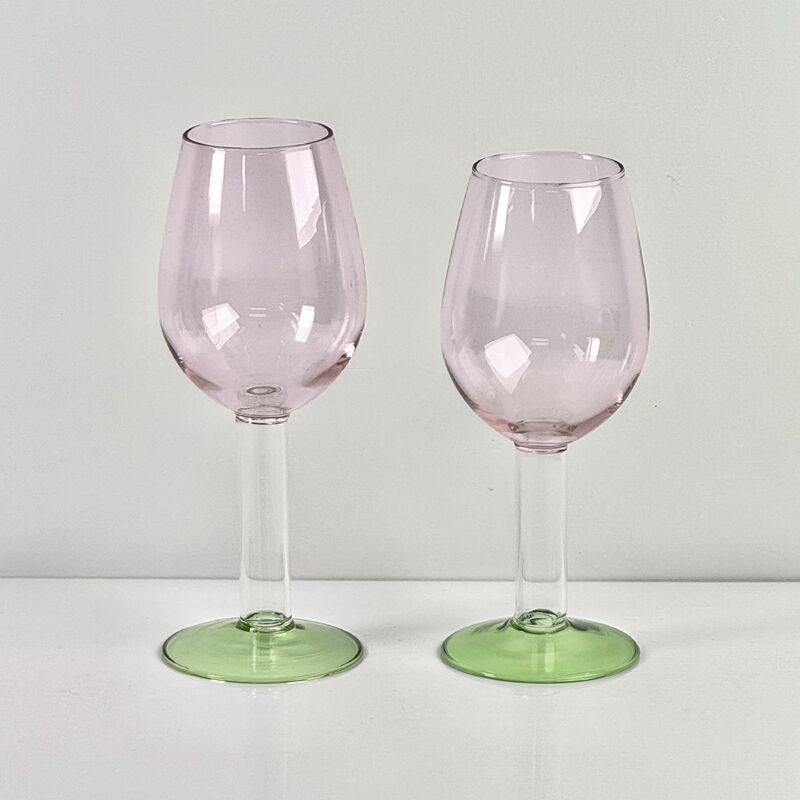 Jakość Hand Blown Borosilicate Stemmed Wine & Cocktail Glass Set, Pink Bowl with Green Hollow Stem Base, Colored Spray Tinted Art Goblets for Bar, Wedding & Table Decor fabryka
