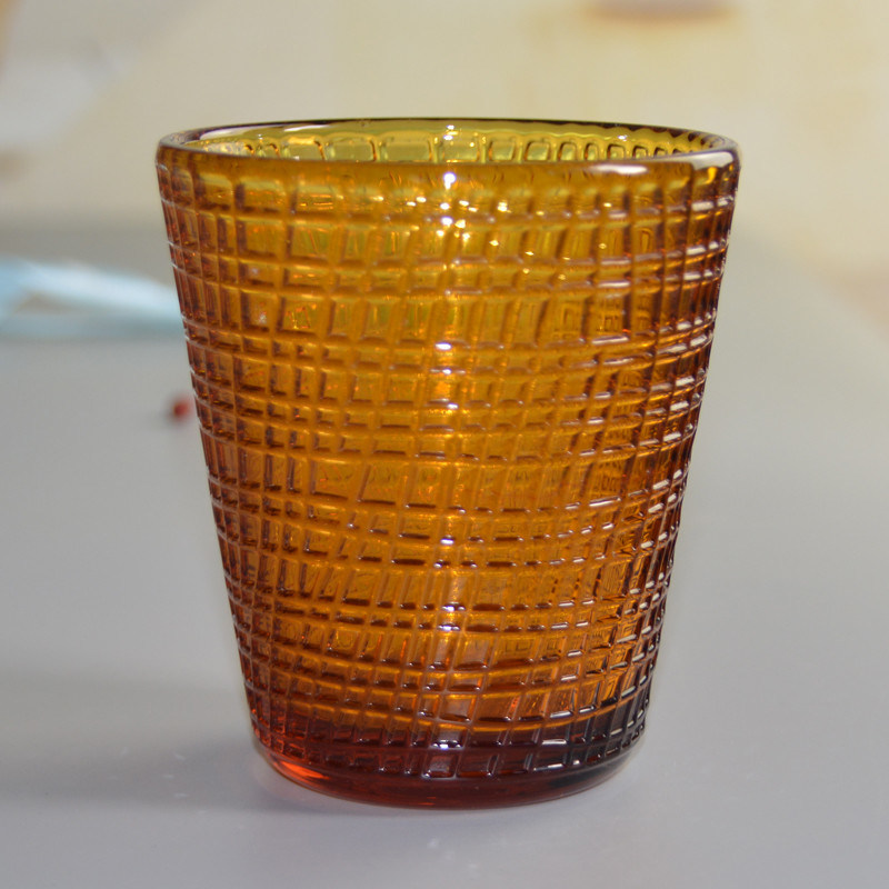 jakość Embossed Linen Pattern Solid Amber Glass Tea Light Holders fabryka