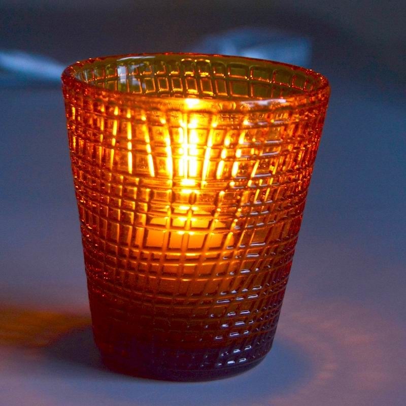 jakość Embossed Linen Pattern Solid Amber Glass Tea Light Holders fabryka