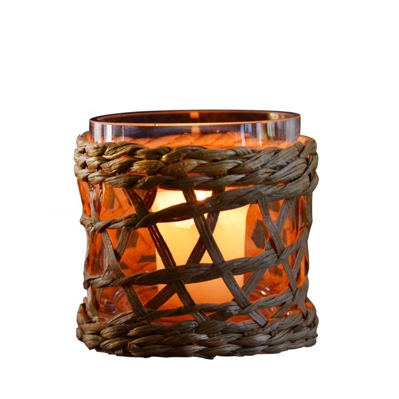 jakość Round Creative Glass Candle Holders With Wicker Sleeve fabryka