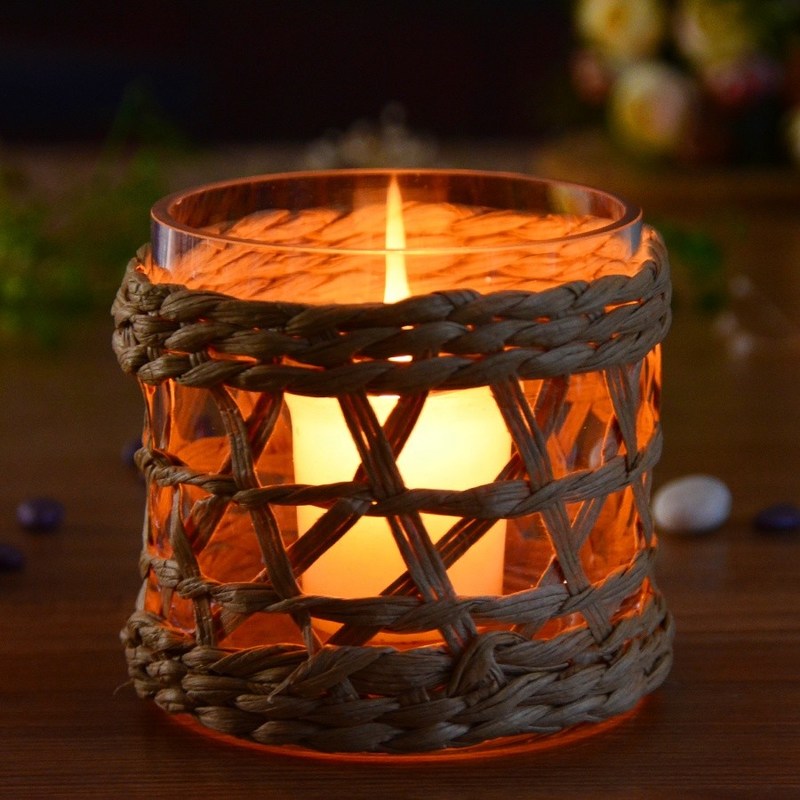 jakość Round Creative Glass Candle Holders With Wicker Sleeve fabryka
