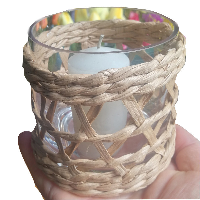 jakość Round Creative Glass Candle Holders With Wicker Sleeve fabryka