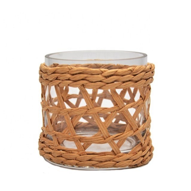 jakość Round Creative Glass Candle Holders With Wicker Sleeve fabryka