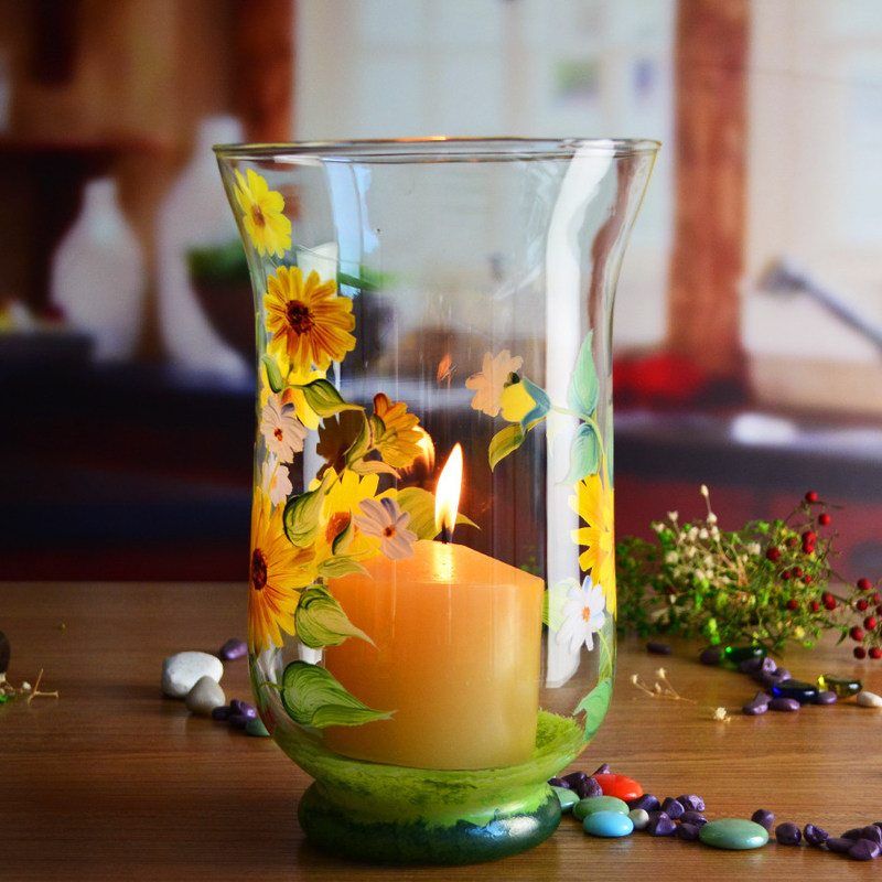 jakość Hand Painted Sunflower Pattern Glass Candle Holders For Home fabryka