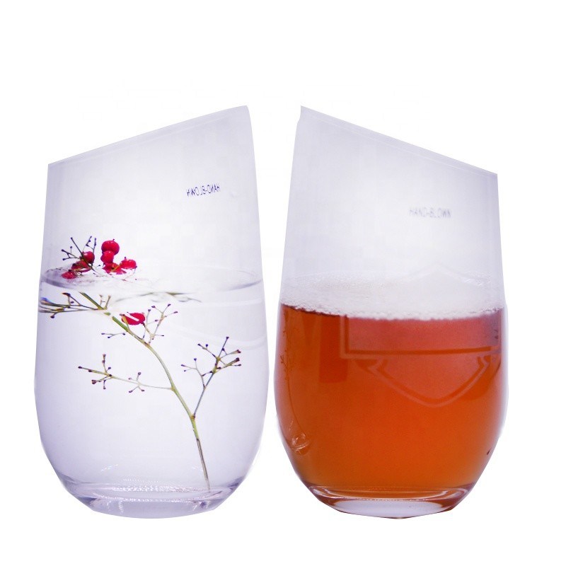 jakość Bevel Oblique Edge Stemless Crystal Wine Glass With Angle Top fabryka