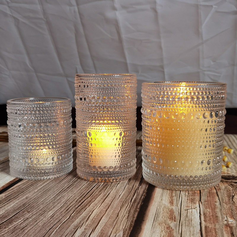 jakość Customized Embossed Beads Strings Glass Votive Candle Holders ,  Glass Cylinder Candle Holders fabryka