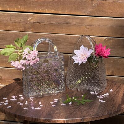 jakość Hand-Blown Diamond Pattern Glass Handbag Vase - Versatile Decorative Centerpiece for Home & Wedding Decor fabryka