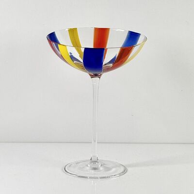 Jakość Hand Blown Art Glass Goblet & Coupe Glass Set, Vibrant Red Yellow Blue Vertical Cane Stripes Murano Style Stemmed Wine & Martini Glasses for Bar, Party & Gift fabryka
