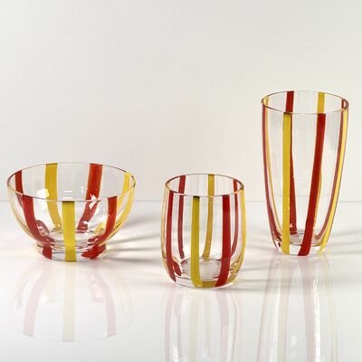 Jakość Hand Blown Colored Cane Striped Glass Tumbler & Bowl Set, Murano Style Red Yellow Vertical Stripe Drinking Cups and Snack Bowl, Lead-Free Art Glass for Water, Juice, Table Decor fabryka