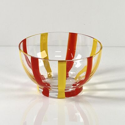 Jakość Hand Blown Colored Cane Striped Glass Tumbler & Bowl Set, Murano Style Red Yellow Vertical Stripe Drinking Cups and Snack Bowl, Lead-Free Art Glass for Water, Juice, Table Decor fabryka