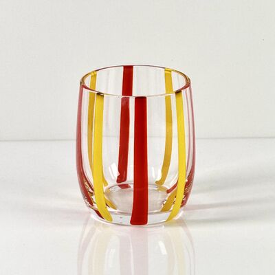 Jakość Hand Blown Colored Cane Striped Glass Tumbler & Bowl Set, Murano Style Red Yellow Vertical Stripe Drinking Cups and Snack Bowl, Lead-Free Art Glass for Water, Juice, Table Decor fabryka