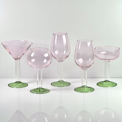 Jakość Hand Blown Borosilicate Stemmed Wine & Cocktail Glass Set, Pink Bowl with Green Hollow Stem Base, Colored Spray Tinted Art Goblets for Bar, Wedding & Table Decor fabryka