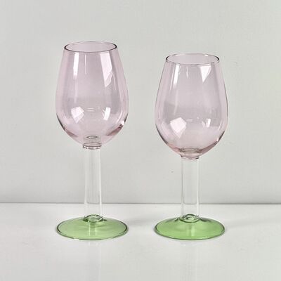 Jakość Hand Blown Borosilicate Stemmed Wine & Cocktail Glass Set, Pink Bowl with Green Hollow Stem Base, Colored Spray Tinted Art Goblets for Bar, Wedding & Table Decor fabryka