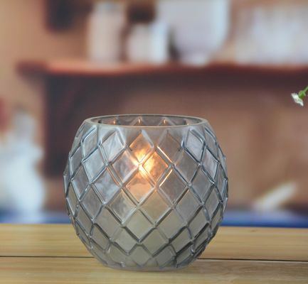 jakość 8" Grey Embossed Fence Pattern Glass Candle Holders fabryka