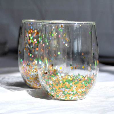 jakość 13oz Customized Borosilicate Double Wall Tumbler Drinking Glasses With Colorful Glitter Inside fabryka